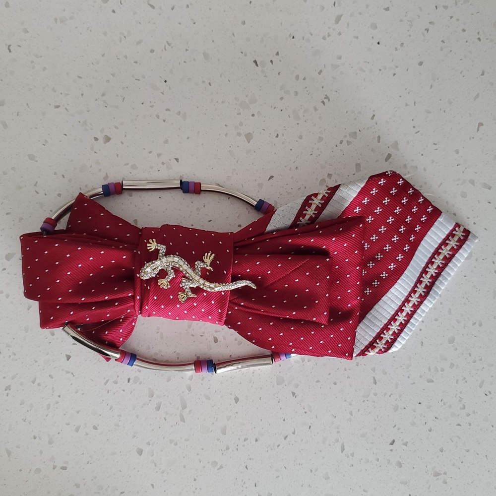 Burgundy Polka-Accent Necktie Necklace with Gold Lizard Brooch